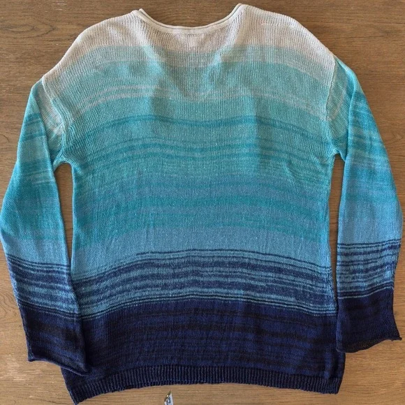 J.JILL 100% Linen‎ Open Knit Blue/Aqua Ombre Tunic-V-neck Tassels-Size M - Picture 15 of 16